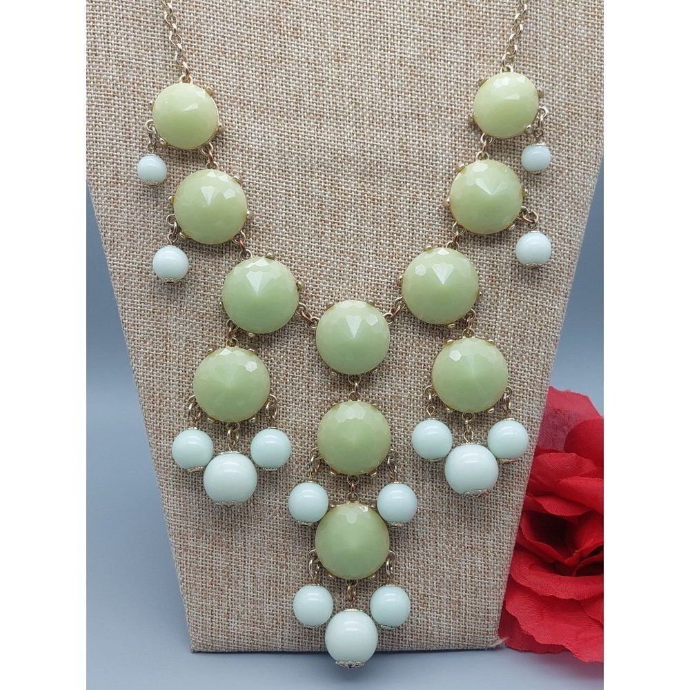 Gold Tone Bubble Necklace Green & Blue Bead Rolo Chain Statement Piece 24